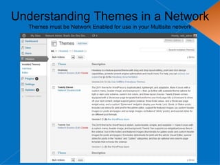 Understanding Themes in a Network
  Themes must be Network Enabled for use in your Multisite network
 