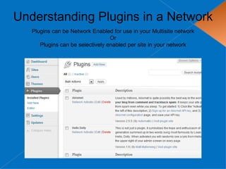 Understanding Plugins in a Network
   Plugins can be Network Enabled for use in your Multisite network
                                  Or
      Plugins can be selectively enabled per site in your network
 