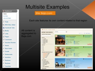 Multisite Examples
             Site: Baja.com


       Each site features its own content related to that region



All content is
aggregated to
Baja.com
 