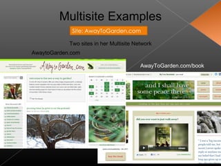 Multisite Examples
             Site: AwayToGarden.com

            Two sites in her Multisite Network
AwaytoGarden.com

                                         AwayToGarden.com/book
 