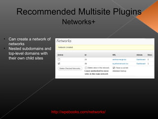 Recommended Multisite Plugins
                                 Networks+

• Can create a network of
  networks
• Nested subdomains and
  top-level domains with
  their own child sites




                            http://wpebooks.com/networks/
 