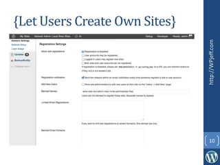 {Let Users Create Own Sites}
http://WPjeff.com
10
 