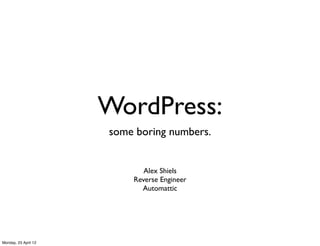 WordPress:
                      some boring numbers.


                             Alex Shiels
                          Reverse Engineer
                            Automattic




Monday, 23 April 12
 