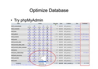 Optimize Database

•  Try phpMyAdmin
 