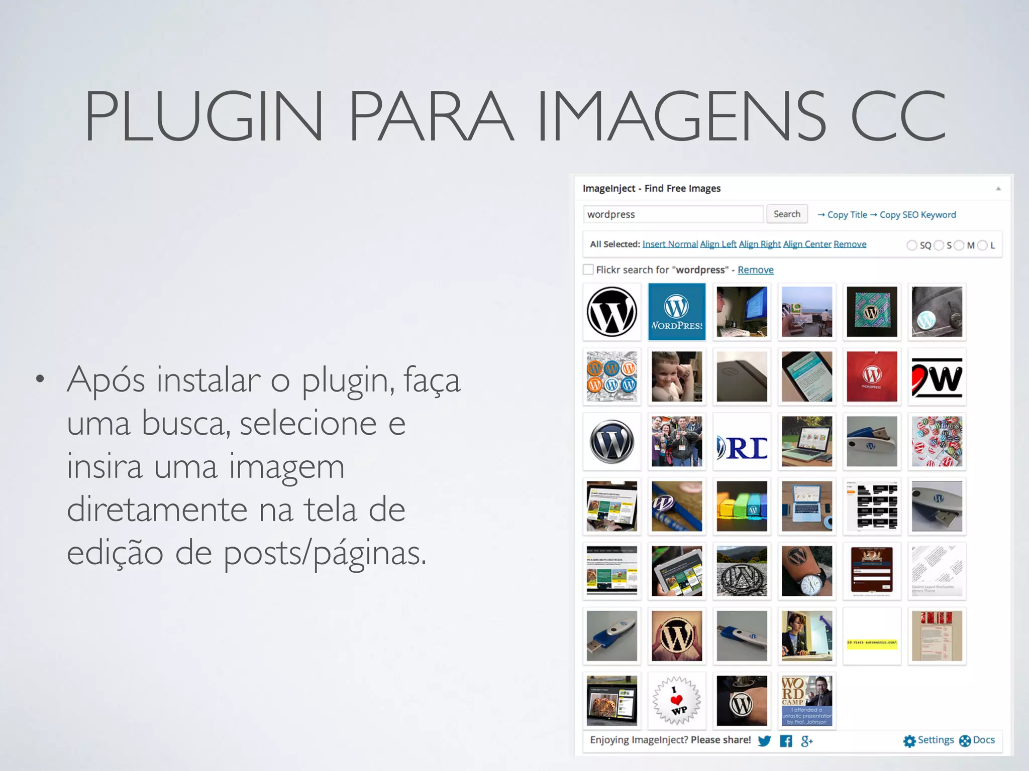 PLUGIN PARA IMAGENS CC
• Após instalar o plugin, faça
uma busca, selecione e
insira uma imagem
diretamente na tela de
edição de posts/páginas.
 