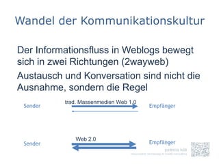 Wandel der Kommunikationskultur

Der Informationsfluss in Weblogs bewegt
sich in zwei Richtungen (2wayweb)
Austausch und Konversation sind nicht die
Ausnahme, sondern die Regel
          trad. Massenmedien Web 1.0
 Sender                                Empfänger




             Web 2.0
 Sender                                Empfänger
 