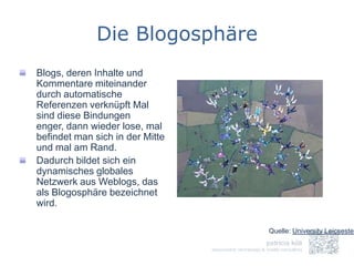 Die Blogosphäre
Blogs, deren Inhalte und
Kommentare miteinander
durch automatische
Referenzen verknüpft Mal
sind diese Bindungen
enger, dann wieder lose, mal
befindet man sich in der Mitte
und mal am Rand.
Dadurch bildet sich ein
dynamisches globales
Netzwerk aus Weblogs, das
als Blogosphäre bezeichnet
wird.

                                 Quelle: University Leicsester
 