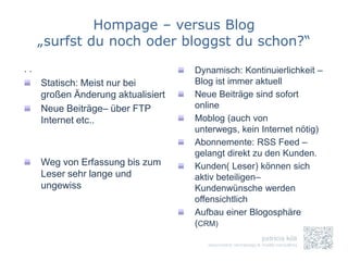 Hompage – versus Blog
     „surfst du noch oder bloggst du schon?“
..                                  Dynamisch: Kontinuierlichkeit –
     Statisch: Meist nur bei        Blog ist immer aktuell
     großen Änderung aktualisiert   Neue Beiträge sind sofort
     Neue Beiträge– über FTP        online
     Internet etc..                 Moblog (auch von
                                    unterwegs, kein Internet nötig)
                                    Abonnemente: RSS Feed –
                                    gelangt direkt zu den Kunden.
     Weg von Erfassung bis zum      Kunden( Leser) können sich
     Leser sehr lange und           aktiv beteiligen–
     ungewiss                       Kundenwünsche werden
                                    offensichtlich
                                    Aufbau einer Blogosphäre
                                    (CRM)
 