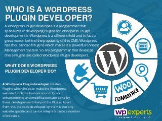 WHO IS A WORDPRESS
PLUGIN DEVELOPER?
A Wordpress Plugin developer is a programmer that
specializes in developing Plugins for Wordpress. Plugin
development in Wordpress is a different field and in fact a
great reason behind the popularity of this CMS. Wordpress
has thousands of Plugins which makes it a powerful Content
Management System. So any programmer that develops
these Plugins are called Wordpress Plugin developers.
WHAT DOES WORDPRESS
PLUGIN DEVELOPER DO?
A Wordpress Plugin developer creates
Plugins which helps to make the Wordpress
website functionally more sound. Quick
enhancements and modifications are done by
these developers with help of the Plugin. Apart
from this the code developed by them is not any
website specific and can be integrated into a number
of websites.
 
