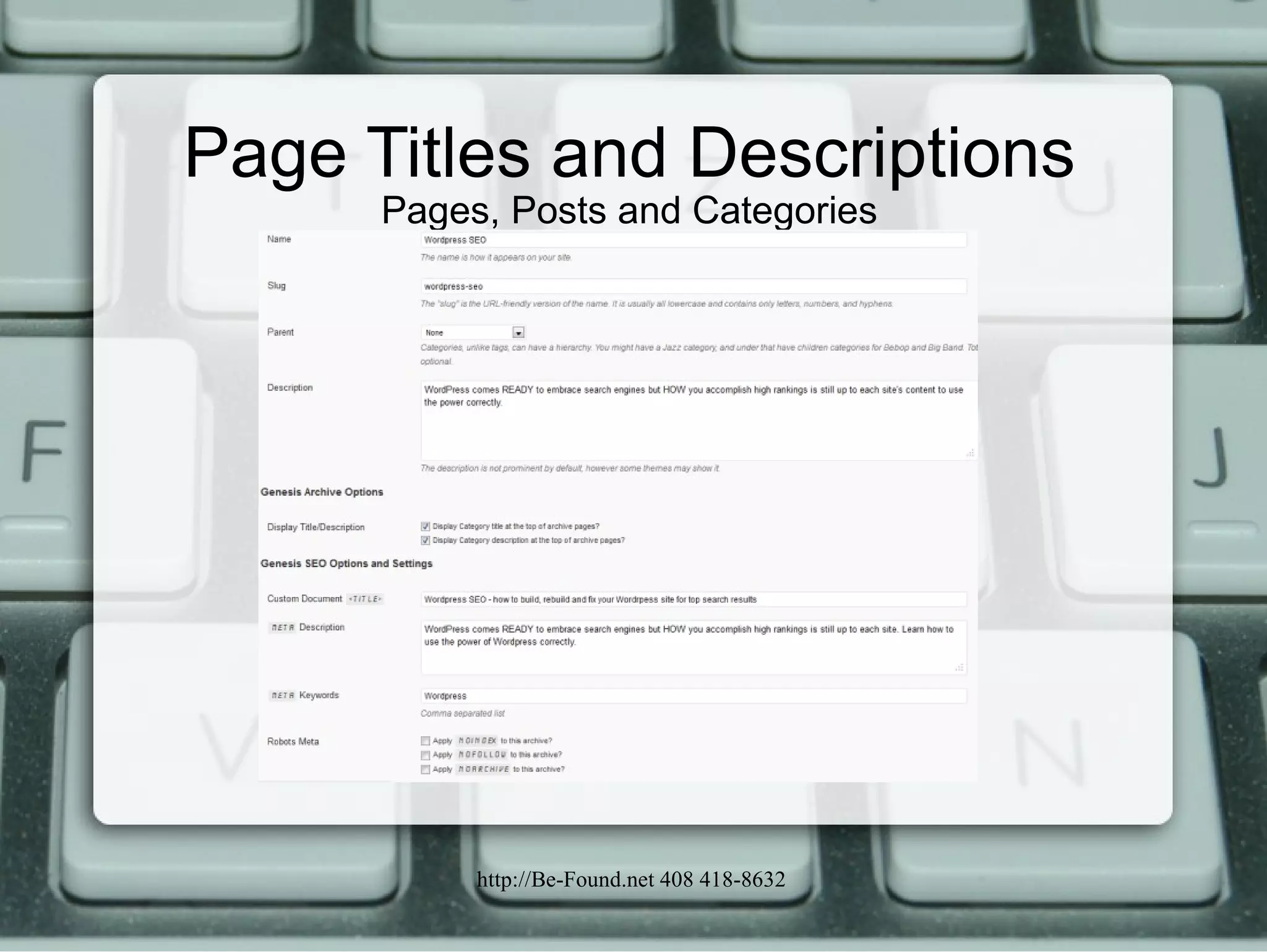 Page Titles and Descriptions Pages, Posts and Categories 
