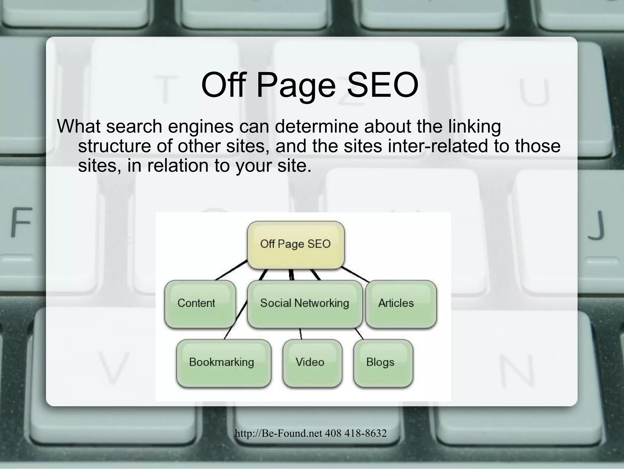 Off Page SEO What search engines can determine about the linking structure of other sites, and the sites inter-related to those sites, in relation to your site. 