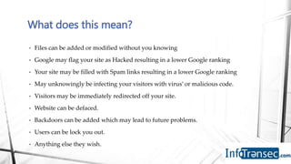 • Files can be added or modified without you knowing
• Google may flag your site as Hacked resulting in a lower Google ranking
• Your site may be filled with Spam links resulting in a lower Google ranking
• May unknowingly be infecting your visitors with virus’ or malicious code.
• Visitors may be immediately redirected off your site.
• Website can be defaced.
• Backdoors can be added which may lead to future problems.
• Users can be lock you out.
• Anything else they wish.
What does this mean?
 