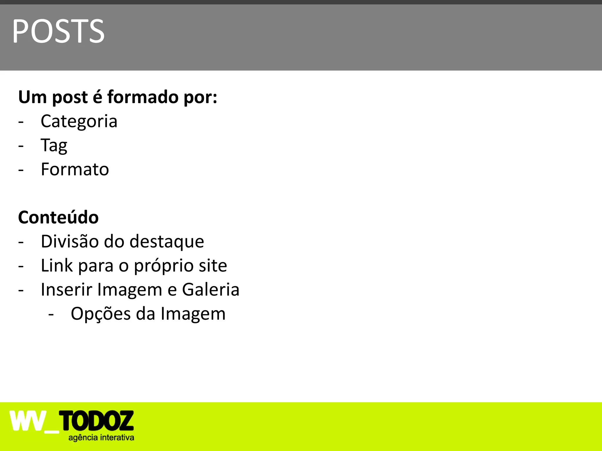 POSTS
Um post é formado por:
- Categoria
- Tag
- Formato

Conteúdo
- Divisão do destaque
- Link para o próprio site
- Inserir Imagem e Galeria
   - Opções da Imagem
 