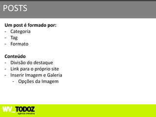 POSTS
Um post é formado por:
- Categoria
- Tag
- Formato

Conteúdo
- Divisão do destaque
- Link para o próprio site
- Inserir Imagem e Galeria
   - Opções da Imagem
 