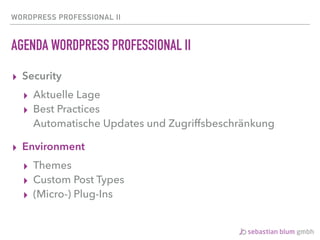 WORDPRESS PROFESSIONAL II
AGENDA WORDPRESS PROFESSIONAL II
▸ Security
▸ Aktuelle Lage
▸ Best Practices 
Automatische Updates und Zugriffsbeschränkung
▸ Environment
▸ Themes
▸ Custom Post Types
▸ (Micro-) Plug-Ins
 