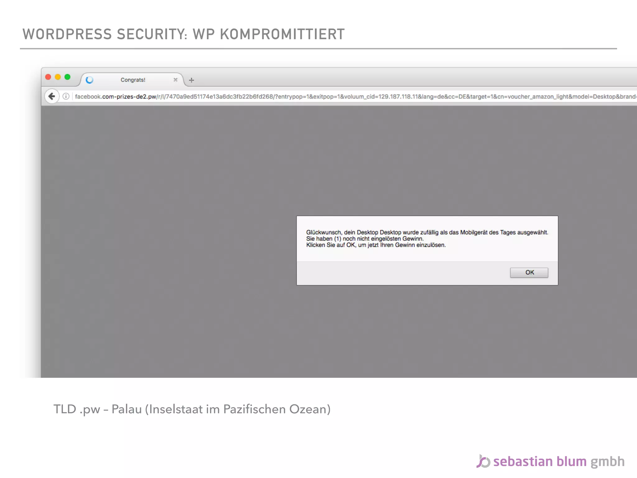 WORDPRESS SECURITY: WP KOMPROMITTIERT
TLD .pw – Palau (Inselstaat im Paziﬁschen Ozean)
 