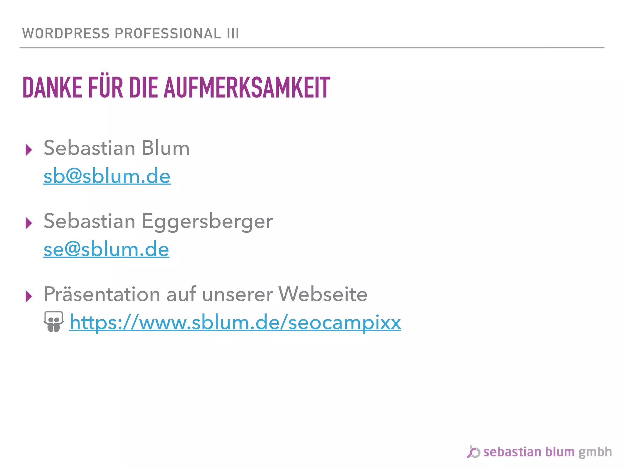 WORDPRESS PROFESSIONAL III
DANKE FÜR DIE AUFMERKSAMKEIT
▸ Sebastian Blum 
sb@sblum.de
▸ Sebastian Eggersberger 
se@sblum.de
▸ Präsentation auf unserer Webseite 
ǉ https://www.sblum.de/seocampixx
 