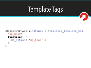 Template Tags
NodeifyWPApp::instance()->register_template_tag(
'wp_head',
function() {
do_action( 'wp_head' );
}
);
 