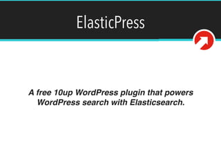 ElasticPress
A free 10up WordPress plugin that powers
WordPress search with Elasticsearch.
 