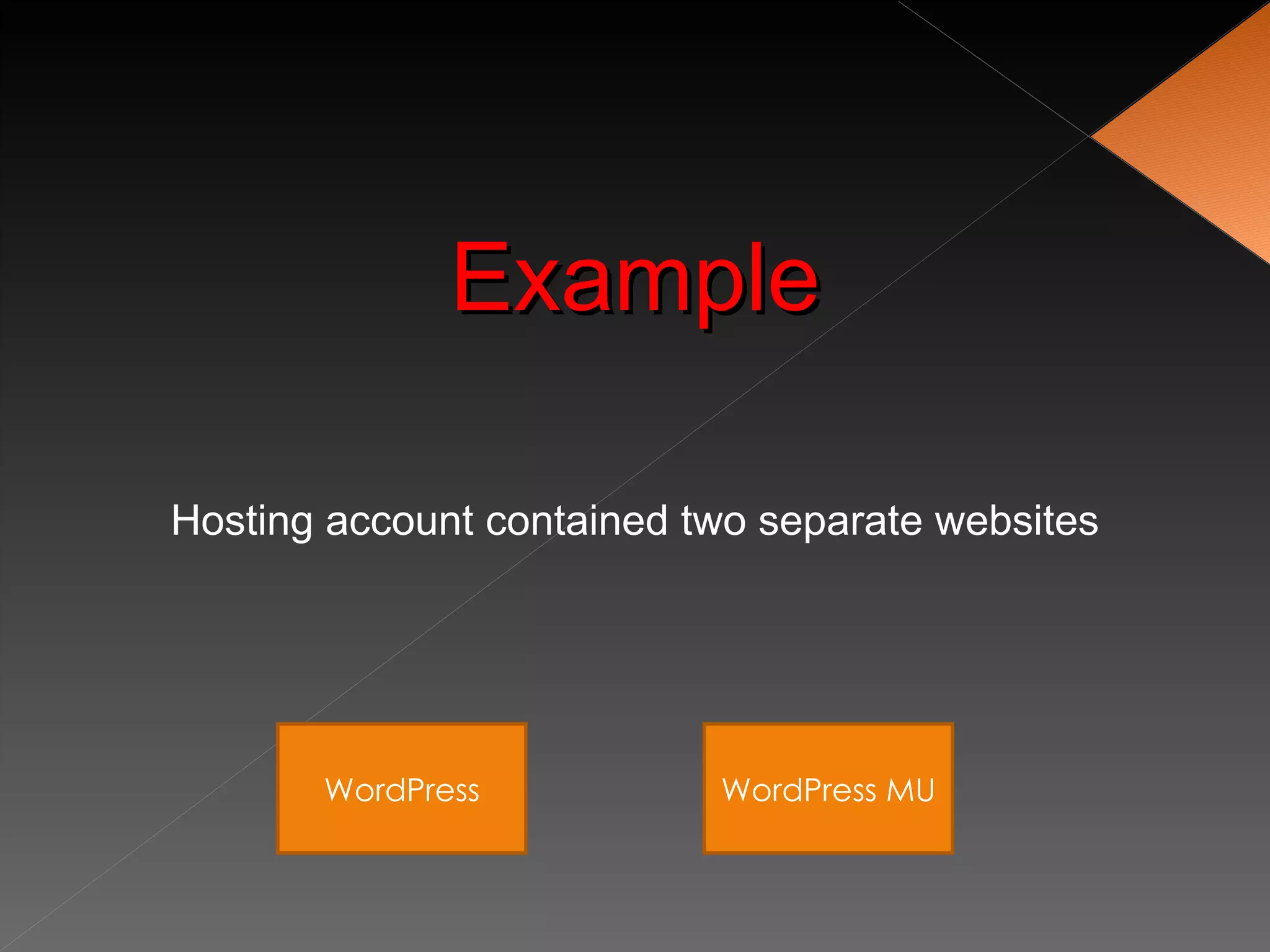 Example

Hosting account contained two separate websites




       WordPress           WordPress MU
 