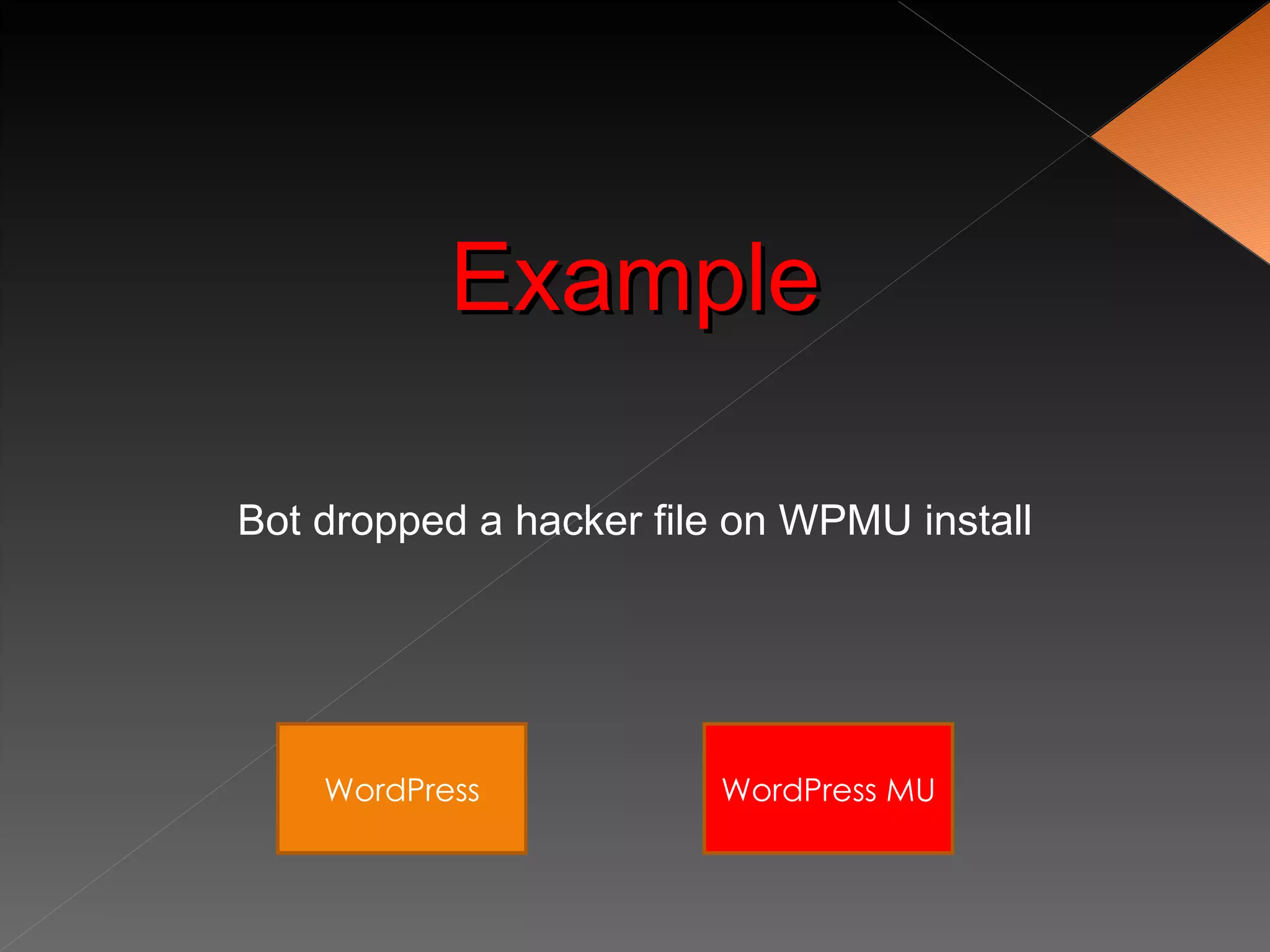 Example

Bot dropped a hacker file on WPMU install




    WordPress           WordPress MU
 