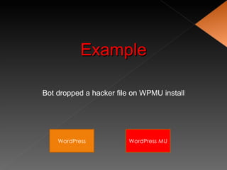 Example

Bot dropped a hacker file on WPMU install




    WordPress           WordPress MU
 