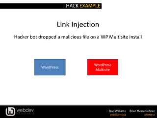 Link Injection
Hacker bot dropped a malicious file on a WP Multisite install
WordPress
WordPress
Multisite
 