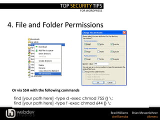 FOR WORDPRESS
4. File and Folder Permissions
find [your path here] -type d -exec chmod 755 {} ;
find [your path here] -type f -exec chmod 644 {} ;
Or via SSH with the following commands
 