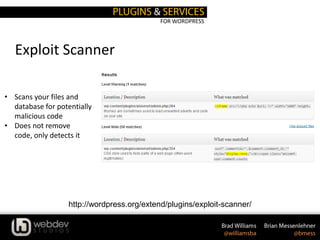 FOR WORDPRESS
Exploit Scanner
http://wordpress.org/extend/plugins/exploit-scanner/
• Scans your files and
database for potentially
malicious code
• Does not remove
code, only detects it
 