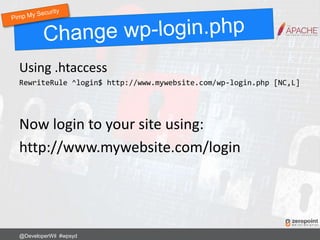 Using .htaccess
RewriteRule ^login$ http://www.mywebsite.com/wp-login.php [NC,L]
Now login to your site using:
http://www.mywebsite.com/login
@DeveloperWil #wpsyd
 