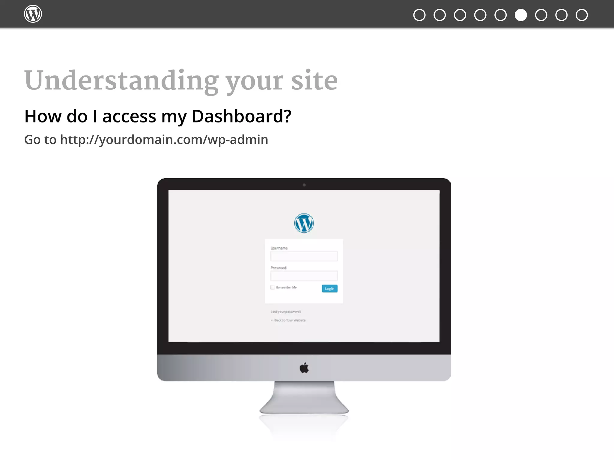 
Understanding your site
How do I access my Dashboard?
Go to http://yourdomain.com/wp-admin
 