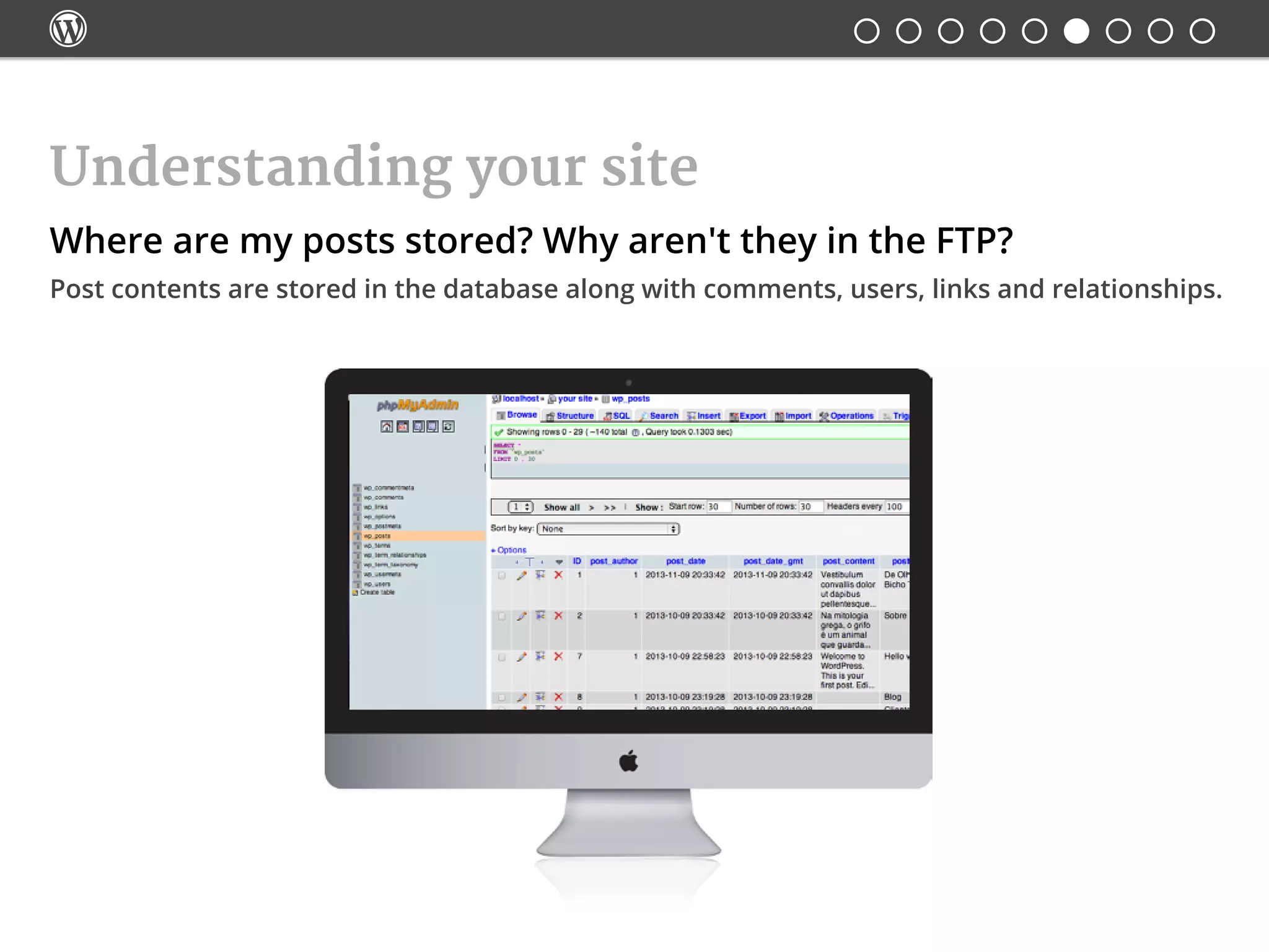 
Understanding your site
Where are my posts stored? Why aren't they in the FTP?
Post contents are stored in the database along with comments, users, links and relationships.
 