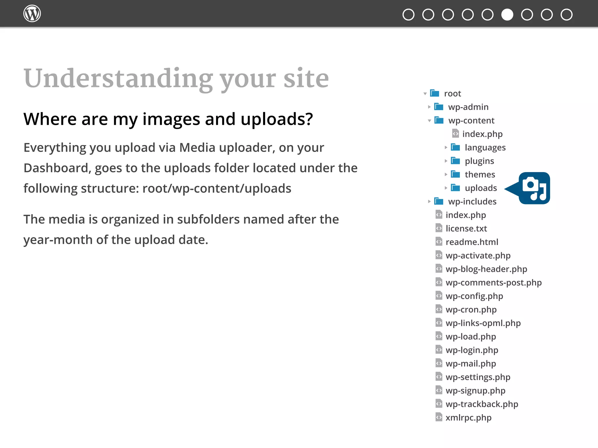
Understanding your site
Where are my images and uploads?
Everything you upload via Media uploader, on your
Dashboard, goes to the uploads folder located under the
following structure: root/wp-content/uploads
The media is organized in subfolders named after the
year-month of the upload date.
 root
 wp-admin
 wp-content
	 index.php
	  languages
	  plugins
	  themes
	  uploads
 wp-includes
index.php
license.txt
readme.html
wp-activate.php
wp-blog-header.php
wp-comments-post.php
wp-config.php
wp-cron.php
wp-links-opml.php
wp-load.php
wp-login.php
wp-mail.php
wp-settings.php
wp-signup.php
wp-trackback.php
xmlrpc.php
 
