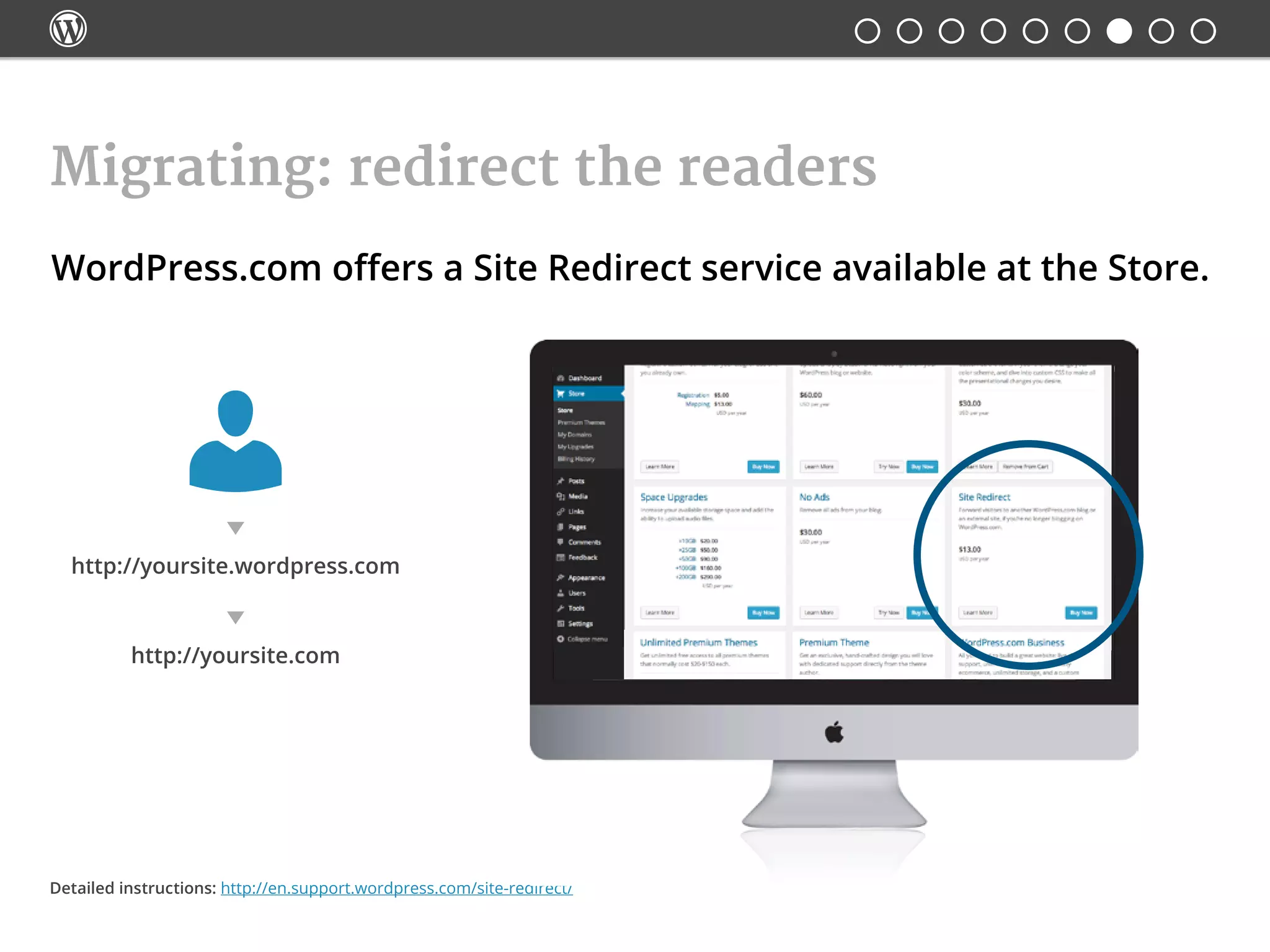 
WordPress.com offers a Site Redirect service available at the Store.
Migrating: redirect the readers
Detailed instructions: http://en.support.wordpress.com/site-redirect/
http://yoursite.wordpress.com
http://yoursite.com
 