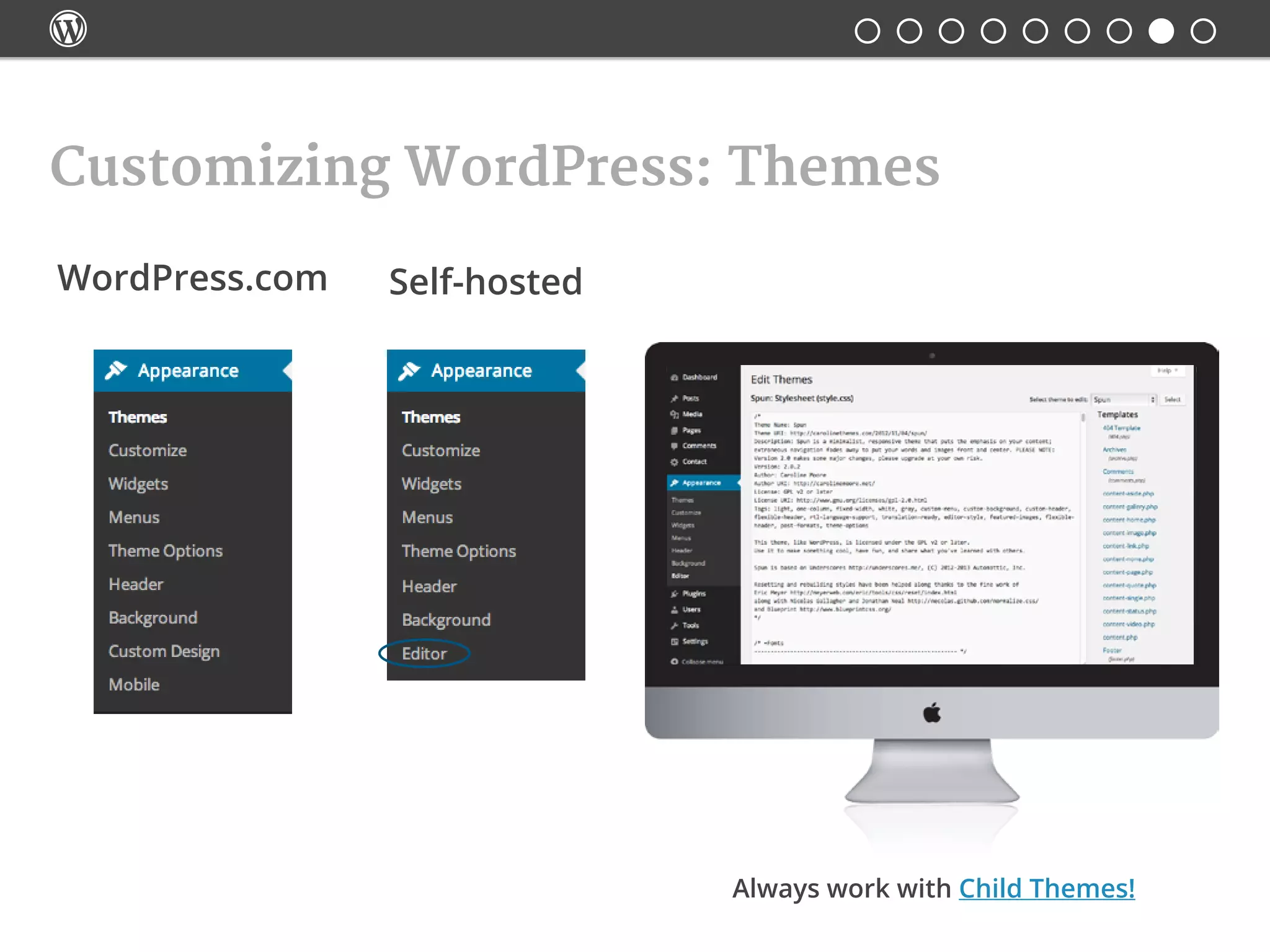 
Customizing WordPress: Themes
WordPress.com Self-hosted
Always work with Child Themes!
 