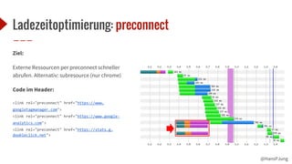 @HansPJung
Ladezeitoptimierung: preconnect
Ziel:
Externe Ressourcen per preconnect schneller
abrufen. Alternativ: subresource (nur chrome)
Code im Header:
<link rel="preconnect" href="https://www.
googletagmanager.com">
<link rel="preconnect" href="https://www.google-
analytics.com">
<link rel="preconnect" href="https://stats.g.
doubleclick.net">
 