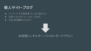 個人サイト・ブログ
● コンテンツ不定期更新・そこまで増えない
● お問い合わせフォームは一応ある
● 会員・EC機能などはない
共用型レンタルサーバ（スタンダードプラン）
 