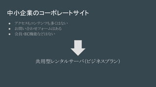 中小企業のコーポレートサイト
● アクセスもコンテンツも多くはない
● お問い合わせフォームはある
● 会員・EC機能などはない
共用型レンタルサーバ（ビジネスプラン）
 