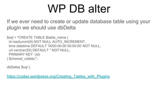 WP DB alter
If we ever need to create or update database table using your
plugin we should use dbDelta
$sql = "CREATE TABLE $table_name (
id mediumint(9) NOT NULL AUTO_INCREMENT,
time datetime DEFAULT '0000-00-00 00:00:00' NOT NULL,
url varchar(55) DEFAULT '' NOT NULL,
PRIMARY KEY (id)
) $charset_collate;";
dbDelta( $sql );
https://codex.wordpress.org/Creating_Tables_with_Plugins
 