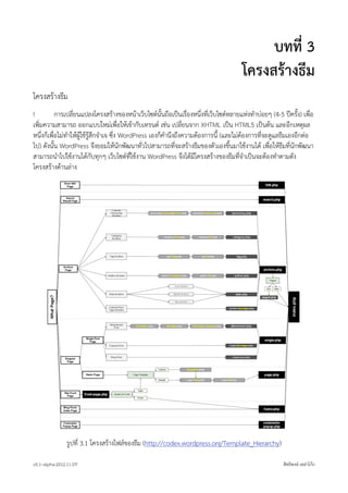 บทที่ 3
                                                                                       โครงสรางธีม
โครงสรางธีม
!          การเปลี่ยนแปลงโครงสรางของหนาเว็บไซตนั้นถือเปนเรื่องหนึ่งที่เว็บไซตหลายแหงทำบอยๆ (4-5 ปครั้ง) เพื่อ
เพิ่มความสามารถ ออกแบบใหมเพื่อใหเขากับเทรนด เชน เปลี่ยนจาก XHTML เปน HTML5 เปนตน และอีกเหตุผล
หนึ่งก็เพื่อไมทำใหผูใชรูสึกจำเจ ซึ่ง WordPress เองก็คำนึงถึงความตองการนี้ (และไมตองการที่จะดูแลธีมเองอีกตอ
ไป) ดังนั้น WordPress จึงยอมใหนักพัฒนาทั่วไปสามารถที่จะสรางธีมของตัวเองขึ้นมาใชงานได เพื่อใหธีมที่นักพัฒนา
สามารถนำไปใชงานไดกับทุกๆ เว็บไซตที่ใชงาน WordPress จึงไดมีโครงสรางของธีมที่จำเปนจะตองทำตามดัง
โครงสรางดานลาง




                รูปที่ 3.1 โครงสรางไฟลของธีม (http://codex.wordpress.org/Template_Hierarchy)

v0.1~alpha-2012.11.07!                                                                                  สิทธิพงษ เหลาโกก
 