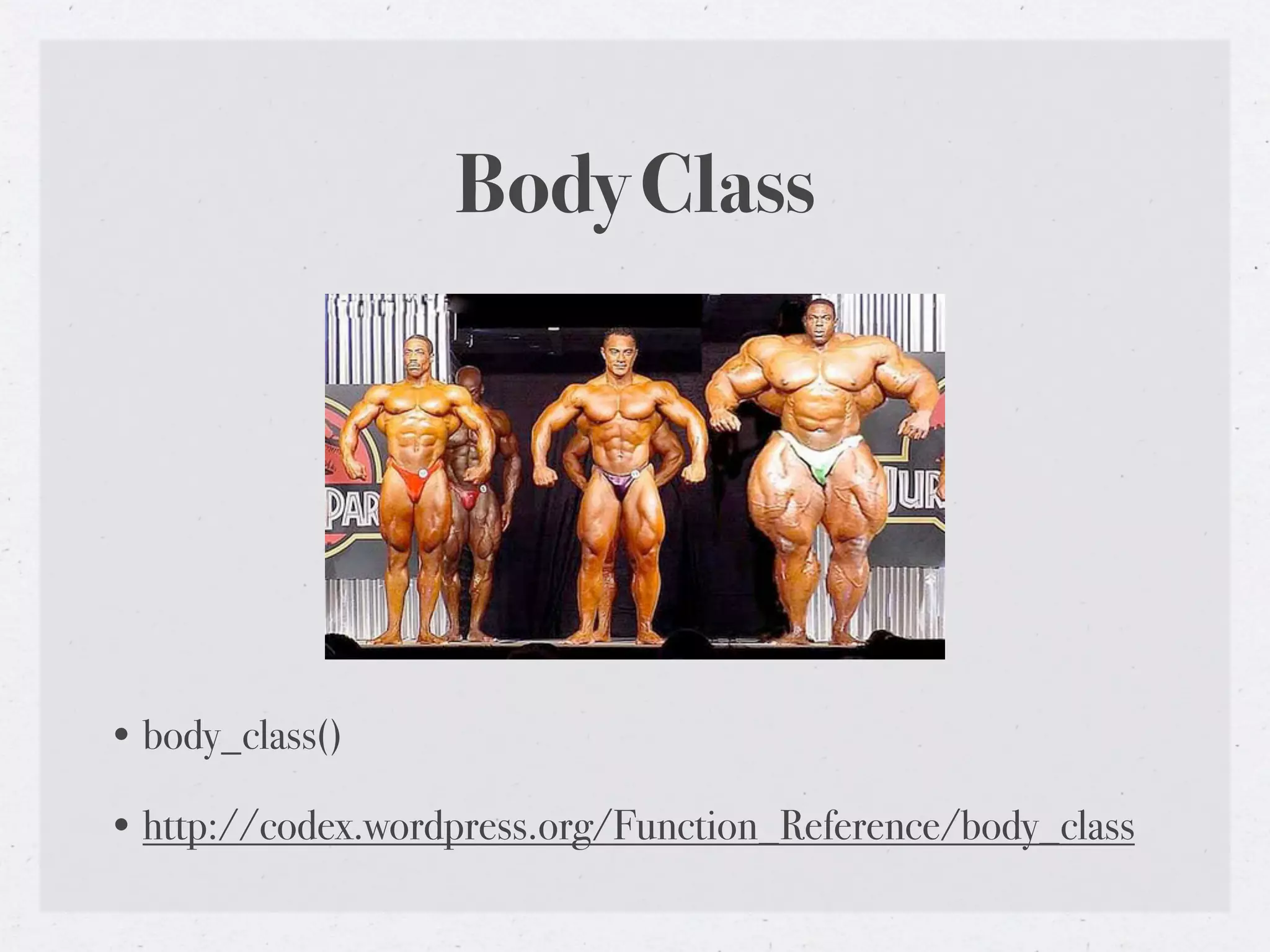 Body Class




• body_class()

• http://codex.wordpress.org/Function_Reference/body_class
 