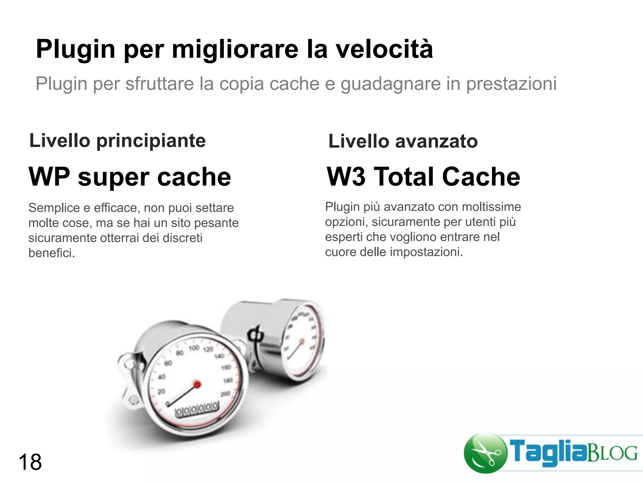 Plugin per migliorare la velocità
 Plugin per sfruttare la copia cache e guadagnare in prestazioni


Livello principiante                    Livello avanzato
WP super cache                          W3 Total Cache
Semplice e efficace, non puoi settare   Plugin più avanzato con moltissime
molte cose, ma se hai un sito pesante   opzioni, sicuramente per utenti più
sicuramente otterrai dei discreti       esperti che vogliono entrare nel
benefici.                               cuore delle impostazioni.




18
 