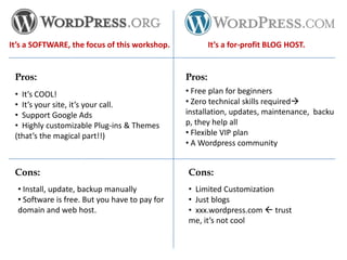 It’s a SOFTWARE, the focus of this workshop.            It’s a for-profit BLOG HOST.


 Pros:                                          Pros:
 • It’s COOL!                                   • Free plan for beginners
 • It’s your site, it’s your call.              • Zero technical skills required
 • Support Google Ads                           installation, updates, maintenance, backu
 • Highly customizable Plug-ins & Themes        p, they help all
 (that’s the magical part!!)                    • Flexible VIP plan
                                                • A Wordpress community


 Cons:                                          Cons:
  • Install, update, backup manually            • Limited Customization
  • Software is free. But you have to pay for   • Just blogs
  domain and web host.                          • xxx.wordpress.com  trust
                                                me, it’s not cool
 
