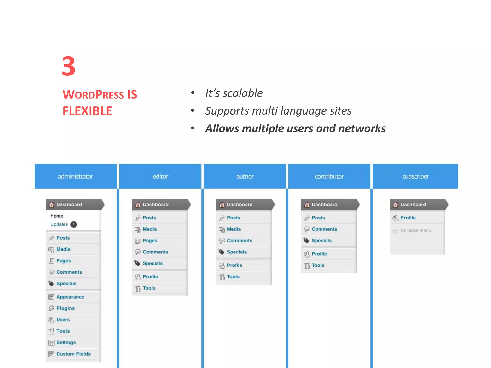 • It’s scalable
• Supports multi language sites
• Allows multiple users and networks
WORDPRESS IS
FLEXIBLE
3
 