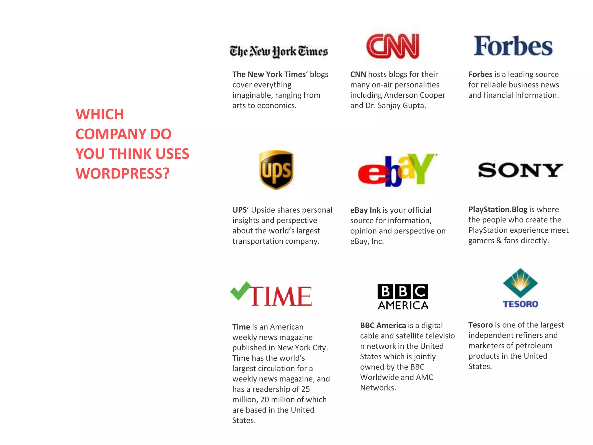 WHICH
COMPANY DO
YOU THINK USES
WORDPRESS?
The New York Times’ blogs
cover everything
imaginable, ranging from
arts to economics.
CNN hosts blogs for their
many on-air personalities
including Anderson Cooper
and Dr. Sanjay Gupta.
Forbes is a leading source
for reliable business news
and financial information.
UPS’ Upside shares personal
insights and perspective
about the world’s largest
transportation company.
eBay Ink is your official
source for information,
opinion and perspective on
eBay, Inc.
PlayStation.Blog is where
the people who create the
PlayStation experience meet
gamers & fans directly.
Time is an American
weekly news magazine
published in New York City.
Time has the world's
largest circulation for a
weekly news magazine, and
has a readership of 25
million, 20 million of which
are based in the United
States.
Tesoro is one of the largest
independent refiners and
marketers of petroleum
products in the United
States.
BBC America is a digital
cable and satellite televisio
n network in the United
States which is jointly
owned by the BBC
Worldwide and AMC
Networks.
 