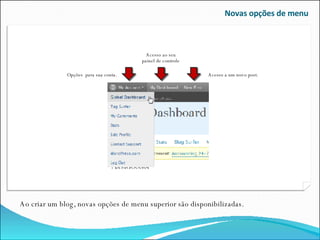 Novas opções de menu Ao criar um blog, novas opções de menu superior são disponibilizadas. Opções  para sua conta. Acesso ao seu painel de controle Acesso a um novo post. 