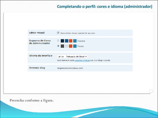 Completando o perfil: cores e idioma (administrador) Preencha conforme a figura. 