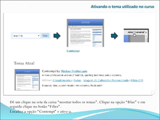 Ativando o tema utilizado no curso Dê um clique na seta da caixa “mostrar todos os temas”. Clique na opção “Blue” e em seguida clique no botão “Filter”.  Localize a opção “Contempt” e ative-a. 