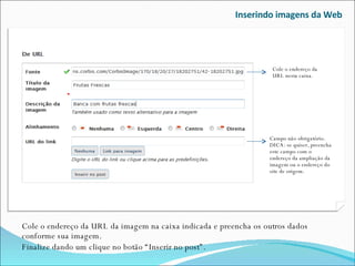 Inserindo imagens da Web Cole o endereço da URL da imagem na caixa indicada e preencha os outros dados conforme sua imagem.  Finalize dando um clique no botão “Inserir no post”. Cole o endereço da URL nesta caixa. Campo não obrigatório.  DICA: se quiser, preencha este campo com o endereço da ampliação da imagem ou o endereço do site de origem.  