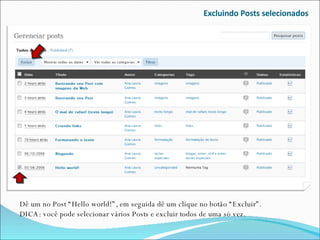 Excluindo Posts selecionados Dê um no Post “Hello world!”, em seguida dê um clique no botão “Excluir”. DICA: você pode selecionar vários Posts e excluir todos de uma só vez. 
